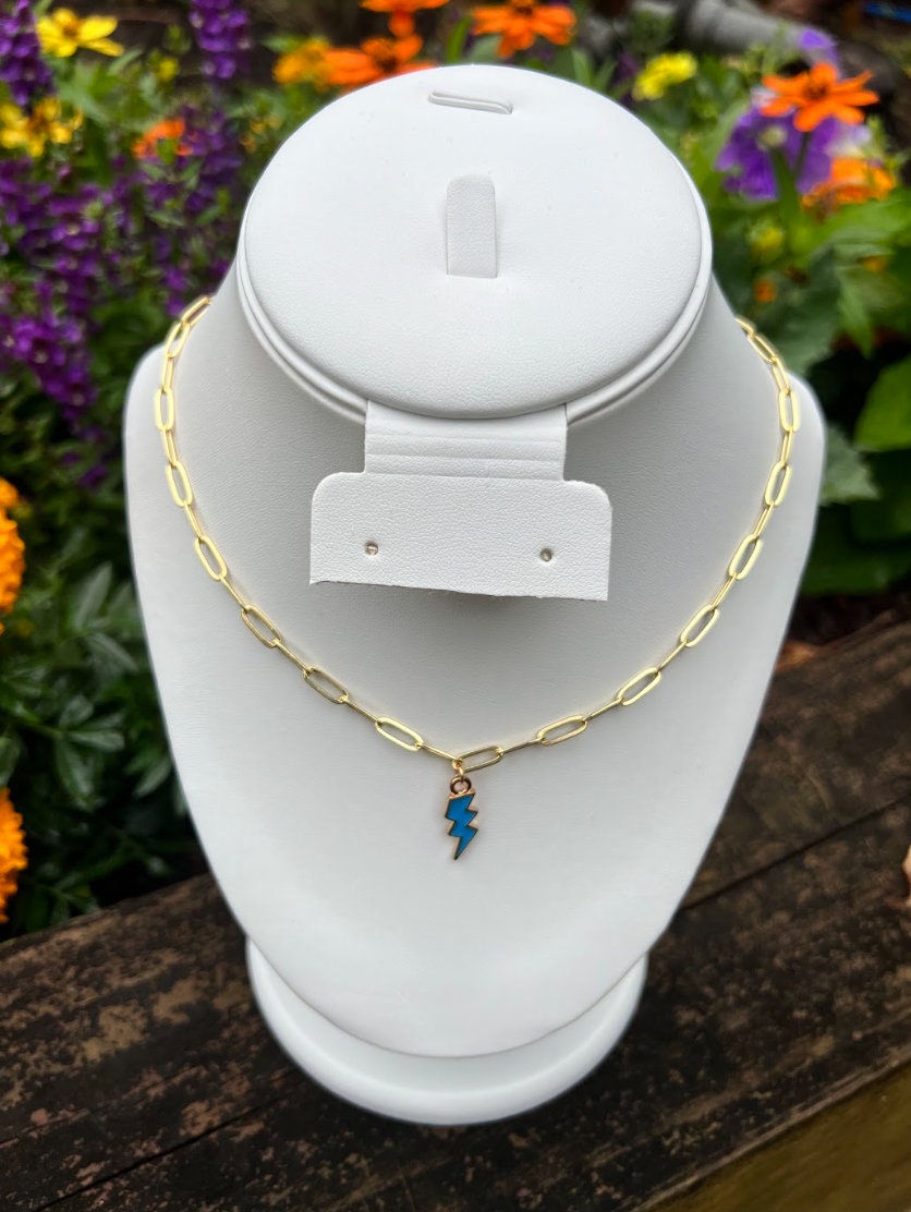 Blue Lightning Bolt Paper Clip Chain Necklace Etsy