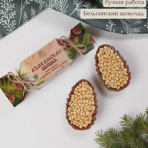 Op de afbeelding: Een bovenaanzicht van chocolade snoepjes in de vorm van dennenappels, gevuld met pijnboompitten. De snoepjes liggen op een witte ondergrond, met een verpakt snoepje en dennennaalden. De verpakking leest "Abakanskaya Shishka".