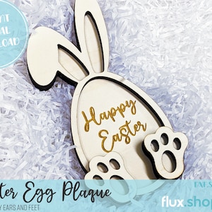 Huevo de Pascua con placa de orejas y pies de conejo / Placa de Pascua feliz SVG PNG DXF Archivos de Illustrator / Descarga instantánea / Corte láser y Cricut