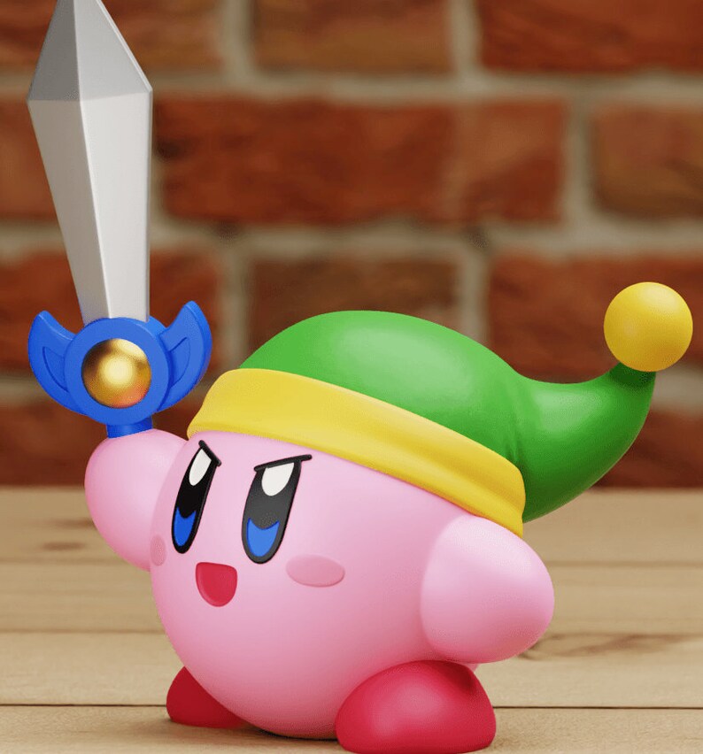 May include: A pink and white character with a green hat and a blue sword. The character has a yellow headband and a yellow and blue sword.