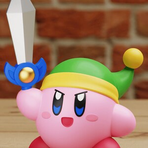 May include: A pink and red cartoon character holding a blue and gold sword. The character is wearing a green hat with a yellow band.