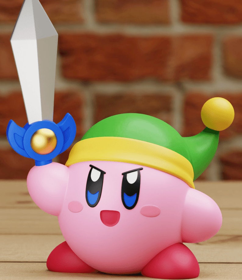 May include: A pink and red cartoon character holding a blue and gold sword. The character is wearing a green hat with a yellow band.