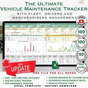 Vehicle Maintenance Tracker: Excel Fleet & Fuel Costs Calculator (Digital Download)