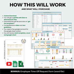 May include: A digital download for a time-off request form template. The image shows a preview of the template, which includes a calendar, a time-off balance slip, and a record of PTO requests. The text "HOW THIS WILL WORK AND WHAT WILL I PURCHASE" is at the top of the image. The text "BONNUS: Employee Time-Off Request Form (word file)" is at the bottom of the image.