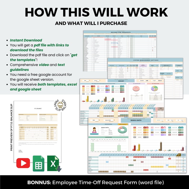 May include: A digital download for a time-off request form template. The image shows a preview of the template, which includes a calendar, a time-off balance slip, and a record of PTO requests. The text "HOW THIS WILL WORK AND WHAT WILL I PURCHASE" is at the top of the image. The text "BONNUS: Employee Time-Off Request Form (word file)" is at the bottom of the image.