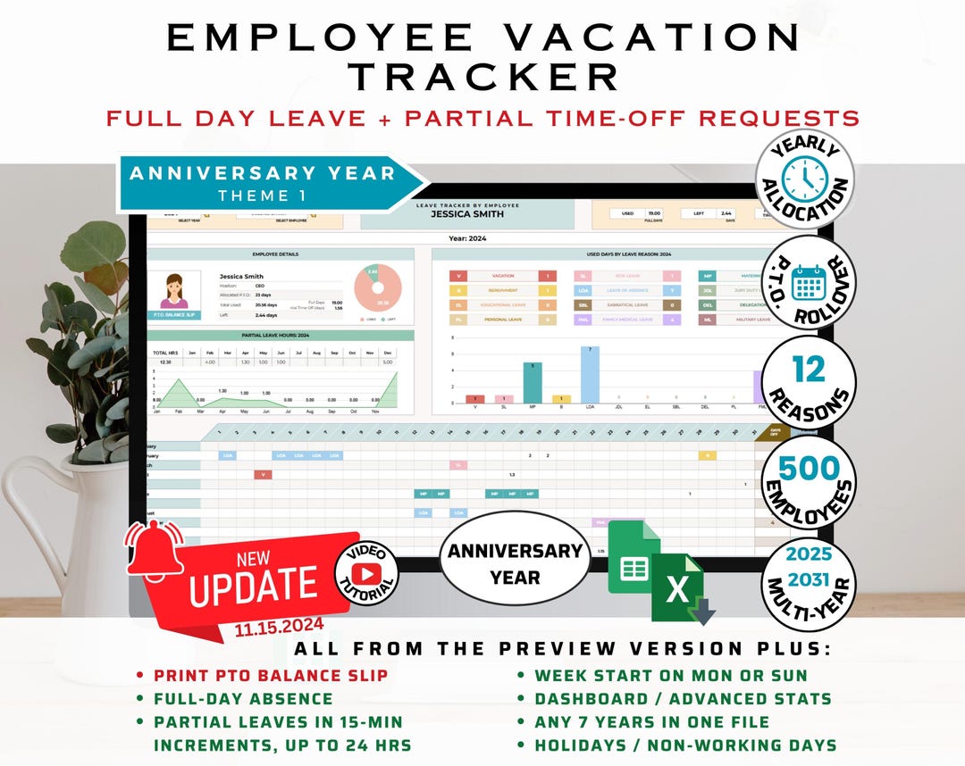 Employee Vacation Leave Tracker Template | 7 Year Excel & Google Sheets ...