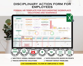 May include: A digital disciplinary action form for employees, displayed on a black screen. The form includes sections for documenting workplace violations and warnings. The form includes the text "Disciplinary Action Form for Employees" and "Formal HR Template for Documenting Workplace Violations and Warnings".