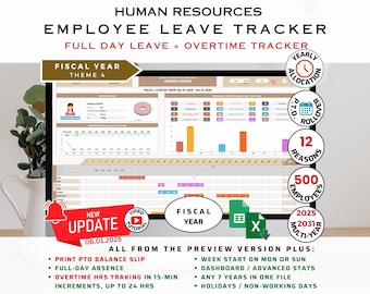 Human Resources Template | Employee Time-Off Full Days + Hourly Overtime Tracker | Excel and Spreadsheet Template | Small Business