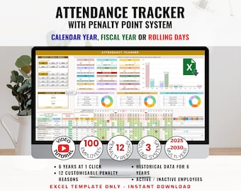 2026 - 2030 Employee Attendance Tracker for Small Business with Penalty Point System | Excel Spreadsheet, Disciplinary Actions