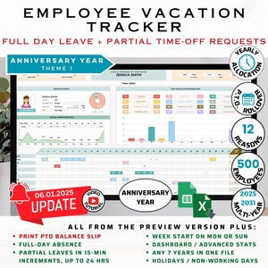Employee Vacation Leave Tracker Template | 7 Year Excel & Google Sheets Tracker for HR and Payroll Management.