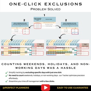 May include: A graphic showing how to exclude weekends, holidays, and non-working days from a time tracking calendar. The graphic shows a calendar with a red box around the weekends and holidays. The text "One-Click Exclusions" is at the top of the graphic. The text "Problem Solved" is below the title. The text "Counting Weekends, Holidays, and Non-Working Days Was a Hassle" is at the bottom of the graphic. The text "Simplify tracking by excluding specific days with just one click." is below the title. The text "No need to count weekends, holidays, or non-working days - our Tracker optimizes precision effortlessly." is below the title. The text "Streamline your time-off management with a few clicks." is below the title. The text "@PERFECT PLANNERS" is at the bottom left of the graphic. The text "EASY TO USE GUARANTEE" is at the bottom right of the graphic.