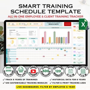 May include: A digital training schedule template displayed on a black screen. The template includes charts, graphs, and data fields for employee and client training tracking. Text on the screen reads "SMART TRAINING SCHEDULE TEMPLATE" and "ALL-IN-ONE EMPLOYEE & CLIENT TRAINING TRACKER."