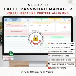 Peut inclure: Un écran d'ordinateur affichant un programme de tableur avec le titre "SECURED EXCEL PASSWORD MANAGER". Le programme est conçu pour aider les utilisateurs à gérer et à protéger leurs mots de passe. L'écran affiche une variété de fonctionnalités, notamment la protection par clé principale, le filtrage et la recherche, le générateur de mots de passe, les alertes d'expiration, les informations du tableau de bord et un tutoriel vidéo. Le texte "Fully Offline, Fully Yours" est affiché en bas de l'écran.