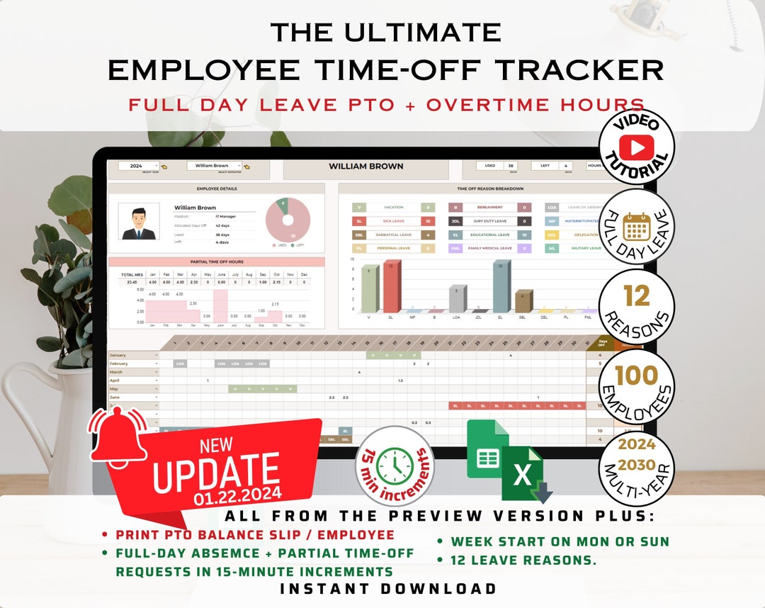 Employee Time Management Absence, Leave, and Overtime Tracker. Excel ...