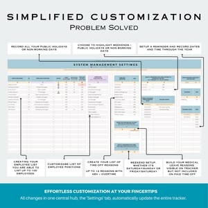 May include: A printable time tracking template with a blue and white color scheme. The template includes sections for employee names, positions, time off reasons, public holidays, and training days. The text "Simplified Customization" is at the top of the page. The text "Effortless Customization at Your Fingertips" is at the bottom of the page.