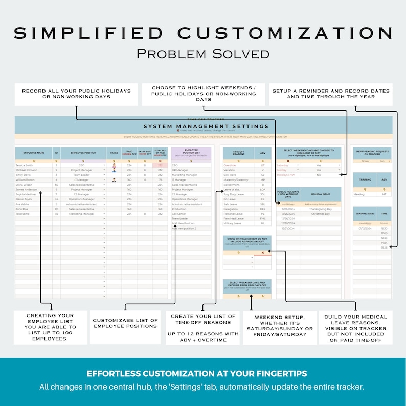 May include: A printable time tracking template with a blue and white color scheme. The template includes sections for employee names, positions, time off reasons, public holidays, and training days. The text "Simplified Customization" is at the top of the page. The text "Effortless Customization at Your Fingertips" is at the bottom of the page.