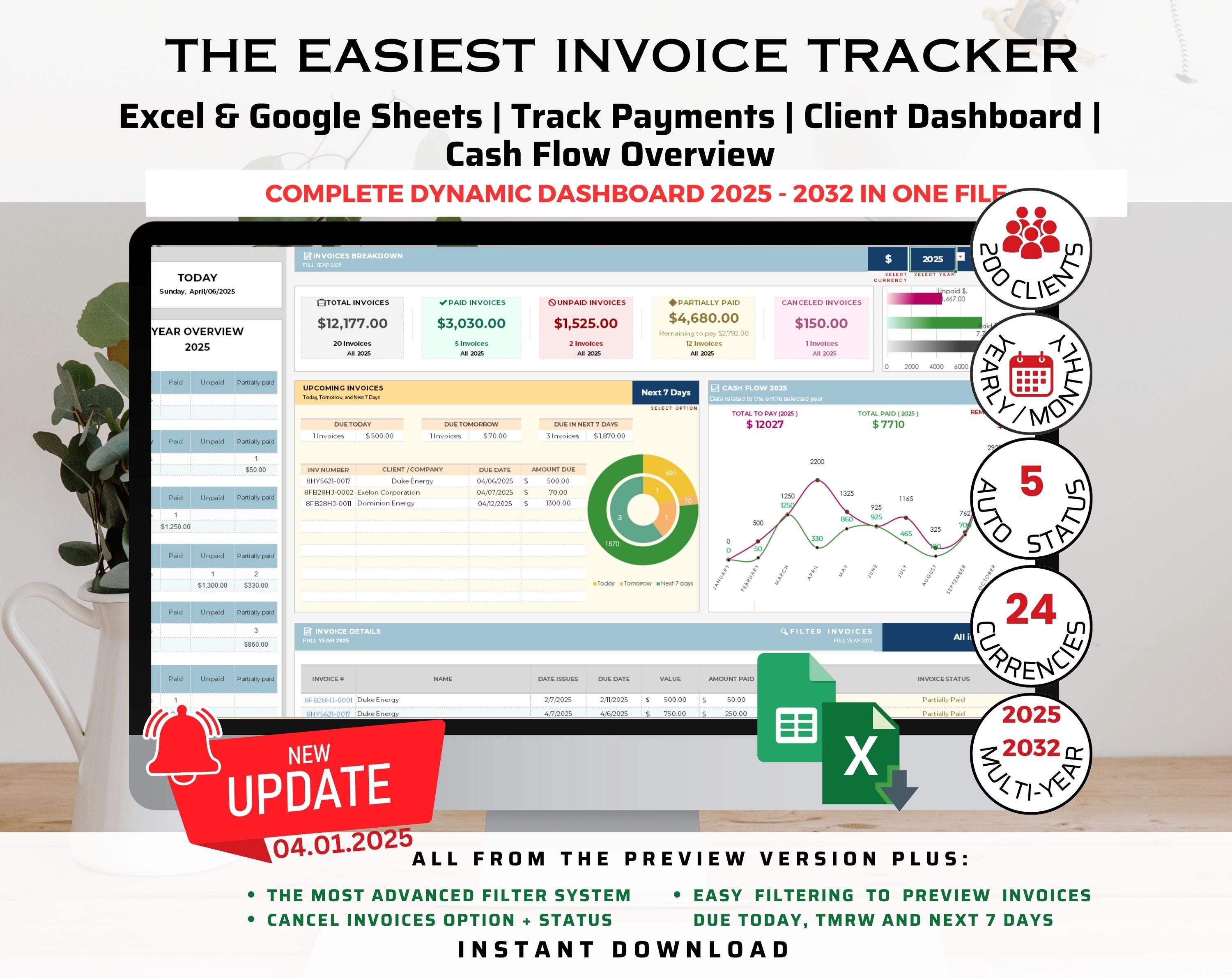 Invoice Tracker Excel and Google Sheets, Invoice Tracker Template Spreadsheet, Small Business Invoice Manager, Client Payment Tracker