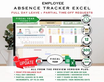 Employee Absence Tracker, track any 7 years with my Absence Tracker Excel template, Google Sheets Template, 500 employees Absence Tracker