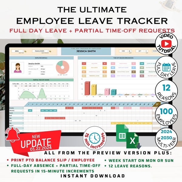 Employee Leave Tracker & Vacation Tracker | Excel Template and Google Sheets Template |  Leave Tracker Full Days + Hourly Partial Time Off