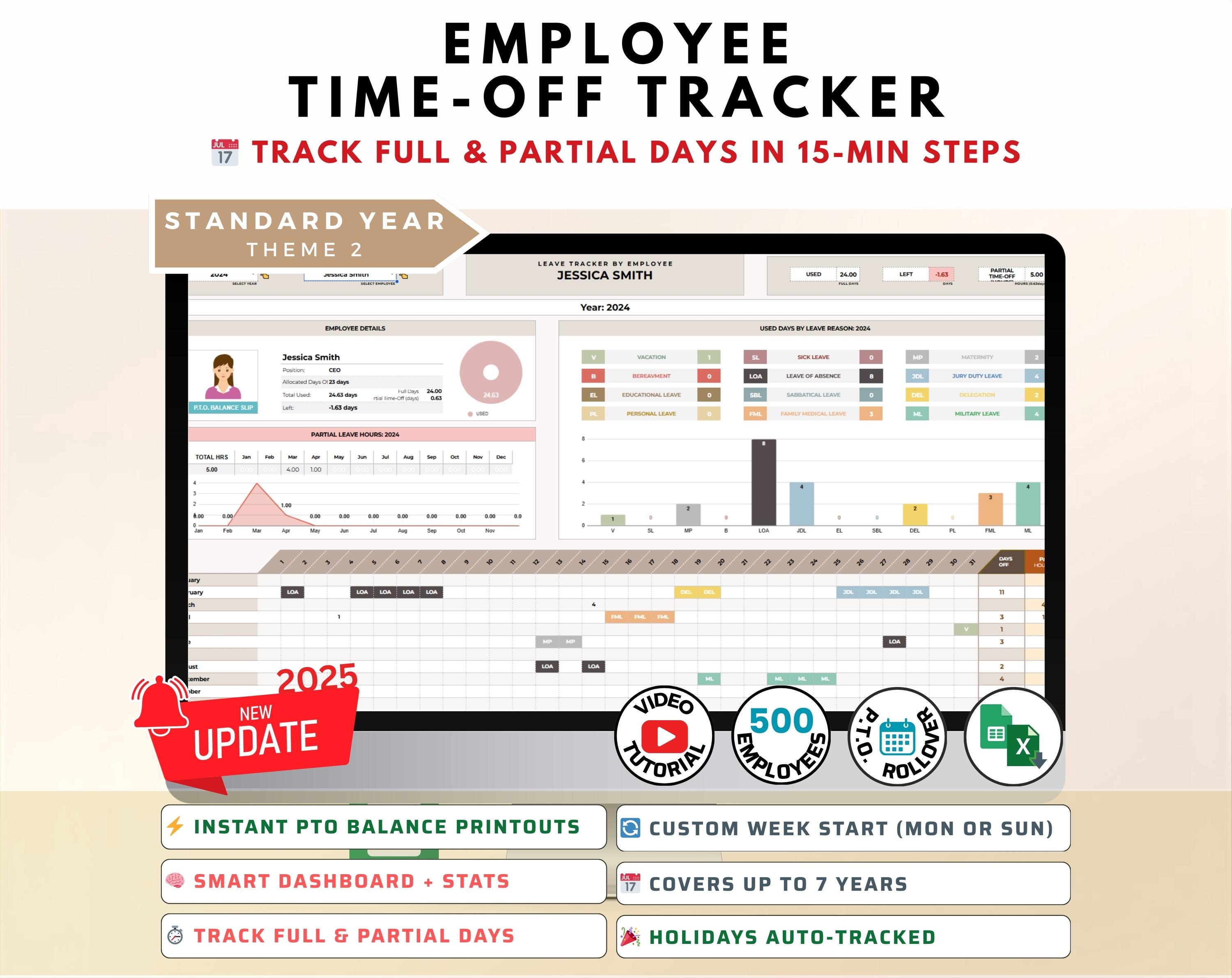 Employee PTO Tracker | Time off and Absence Excel Template | Vacation ...