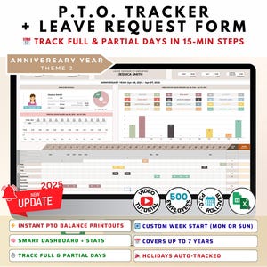May include: A digital P.T.O. tracker and leave request form displayed on a computer screen. The interface features a dashboard with employee details, leave statistics, a calendar view, and charts. Text includes P.T.O. TRACKER, NEW UPDATE, and various feature labels.