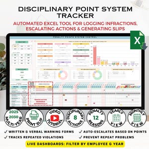 May include: A digital display of an automated Excel tool, the "Disciplinary Point System Tracker." The screen shows charts, graphs, and data tables. Text includes "Automated Excel Tool," "Penalty Points System Control," and features like "Yearly View." The image is set against a neutral background.