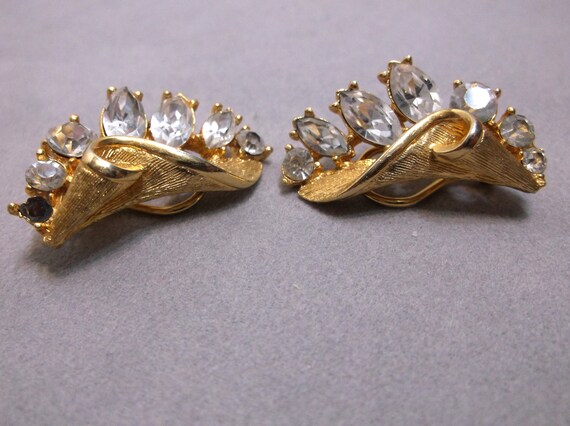 BSK French clip earrings , brushed gold tone rhin… - image 7