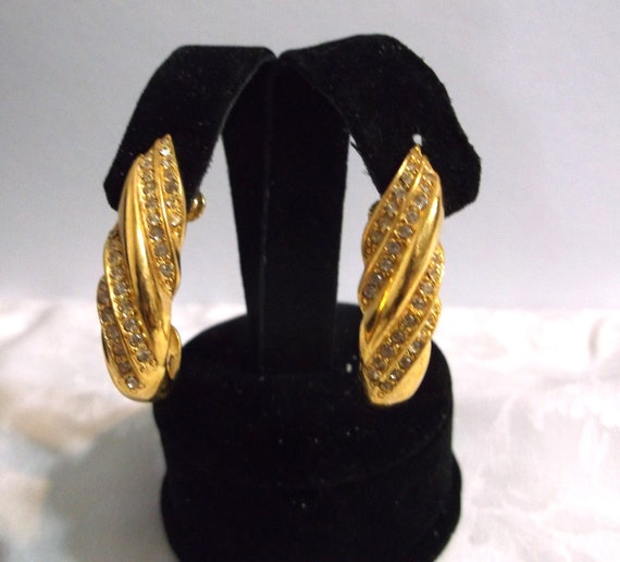 Vintage  Napier  Earrings Gold Tone Striped Rhine… - image 1