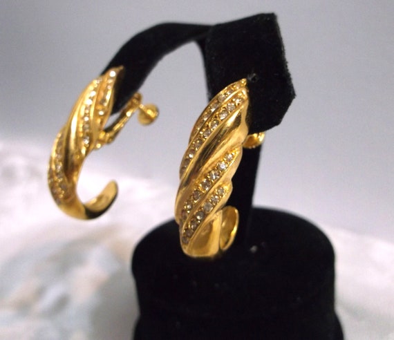 Vintage  Napier  Earrings Gold Tone Striped Rhine… - image 2