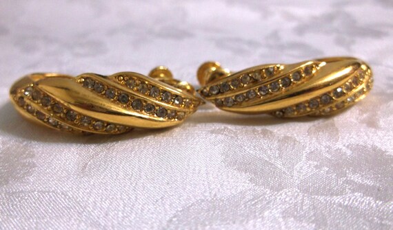 Vintage  Napier  Earrings Gold Tone Striped Rhine… - image 6