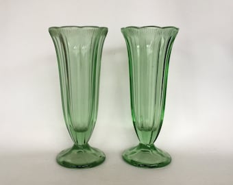 Art Deco Pair of Green Glass Vases, Flower arranging, Floristry,