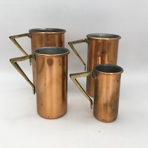Vintage Copper & Brass Measuring Cups, Copper Jugs Set of Four, Rustic Farmhouse Kitchen, Country Cottage