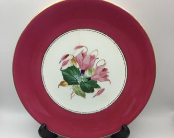 Antique Victorian Plate, Pink Floral Cabinet Plate, Hand Painted Made in England 1880s Collectors plate