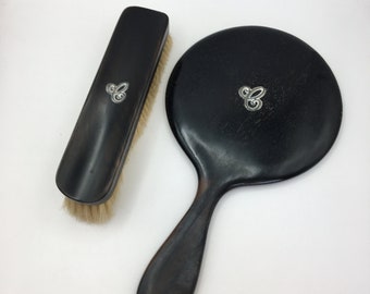 Antique Ebony Hand Mirror & Brush Edwardian Make up Mirror, Clothes Brush, Dressing Table Mirror