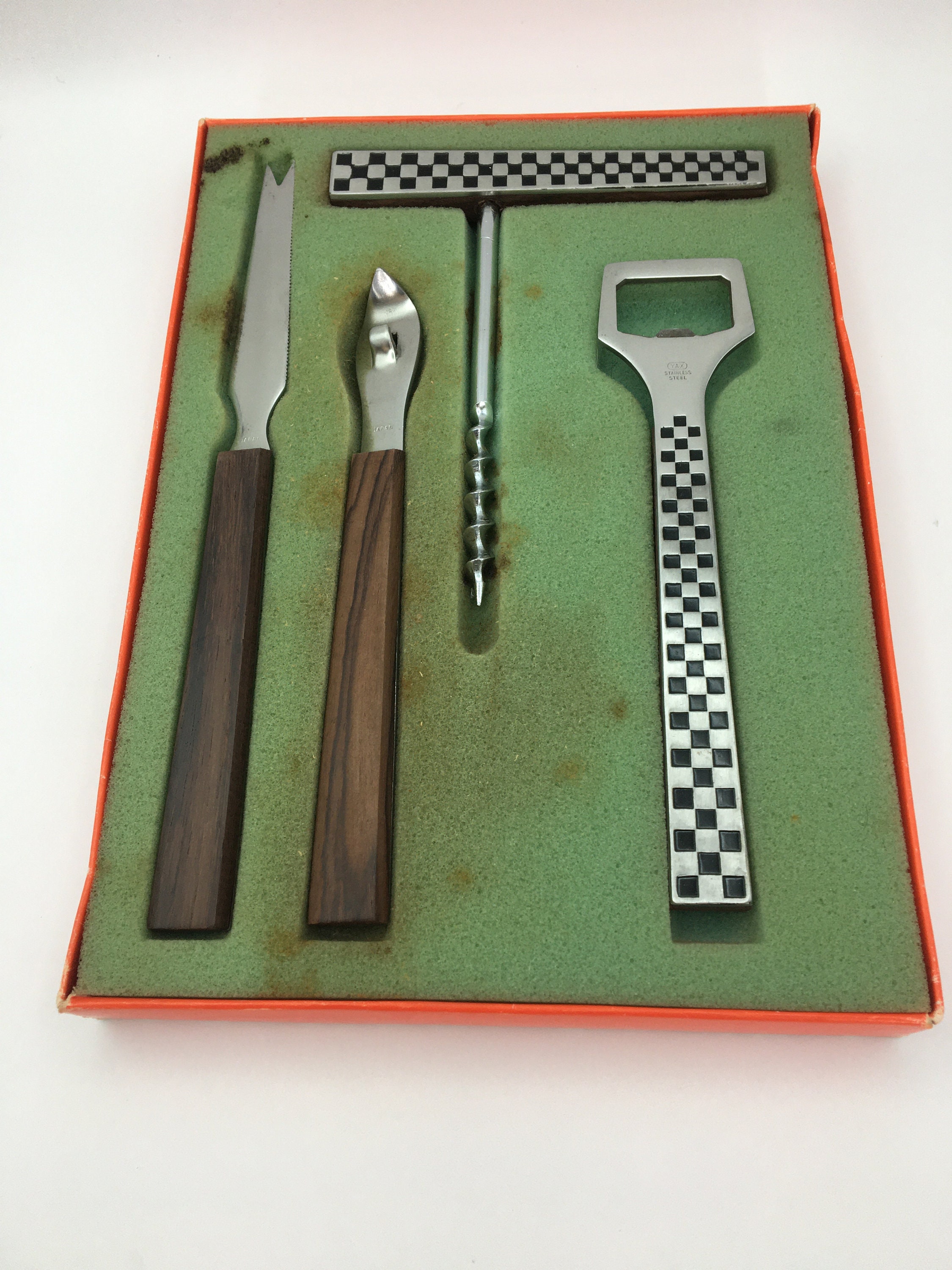Vintage Bar Set 1960s Yax Japan, Stainless Steel Cork Screw Vintage Bar Set 1960s Yax Japan, Stainless Steel Cork Screw