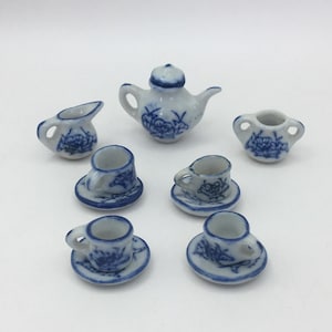 Vintage Dolls House Tea Set, Miniature Cups & Saucers, Blue and White Tea Set, Collectors, Pretend Play
