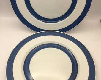 Vintage Chef Ware, Cornish Ware Pair of Dinner Plates , Blue & White Stripe 1960s