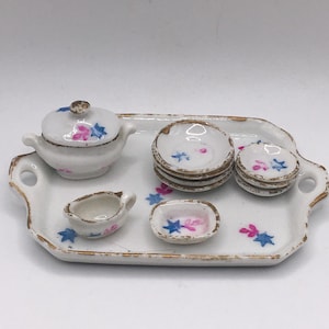 Vintage Dolls House Miniature Dinner set, Dolls plates, Tray, Tureen, Large Dolls House dinner Set