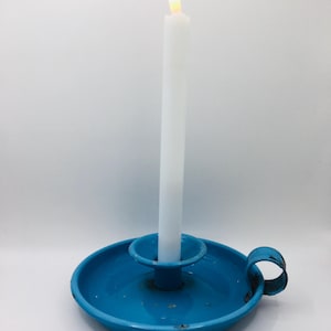 Vintage Enamel Blue Candle Holder, Wee Willie Winkie Candle, Candlestick French Enamel