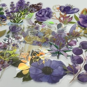 20/40 Vinyl wasserdicht transparent lila Blumenaufkleber, Wiese Blumentopf Aufkleber, Blumenstrauß Blumenaufkleber, Gold lila Pflanzenaufkleber