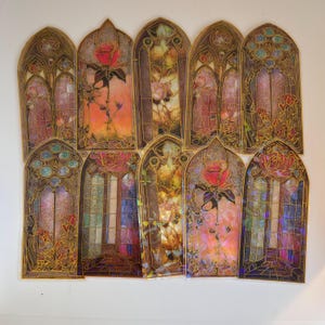 Ensemble de 10 autocollants pour fenêtre d'église en verre rose, belle mosaïque d'église, fenêtre vintage colorée, arquée, arche, église, autocollants transparents