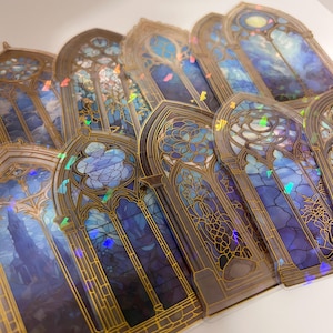 Ensemble de 10 autocollants pour fenêtre d'église en verre bleu, belle mosaïque d'église, fenêtre vintage colorée, arquée, arche, église, autocollants transparents