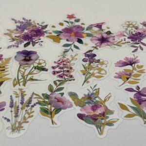 20/40 transparante paarse bloemstickerset, goudgebladerte helder transparante bloemensticker, groen, botanische decostickers