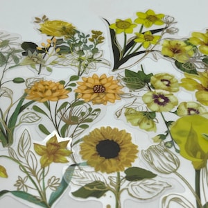 Sticker pour animaux de compagnie 20/40 fleurs d'été jaune transparent avec doublure dorée/bronze, scrapbooking, stickers tournesol, sticker fleur jaune transparent