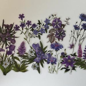 15/30 Adesivos de vinil transparentes com flores roxas - Kindle à prova d'água, fundo transparente, acessórios, decalque, suprimentos para artesanato