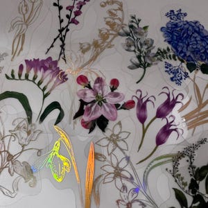 Pacote de adesivos transparentes de flores silvestres 15/30, decalque de vinil floral multicolorido e bronzeador dourado à prova d'água, pétala de florista, roxo, azul e verde