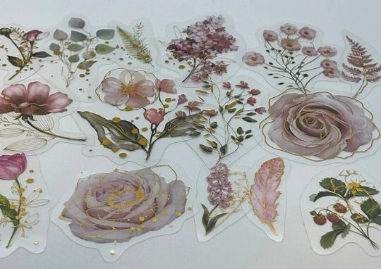 15/30 Pink Rose Floral Clear Sticker Set Pinky Flower Decal Pack with Gold Foil Sticker Girly Pinky Pinkish Flower Vinyl Sticker