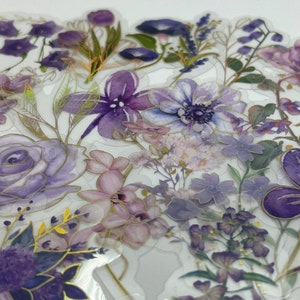 Paquete de pegatinas de flores moradas con lámina dorada transparente 20/40, pétalos de flores silvestres moradas transparentes, calcomanías artísticas para manualidades, tarjetas y álbumes de recortes