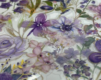 20/40 Transparent Gold Foil Purple Flower Stickers Pack, Clear Purple Wildflower Floral Petal, Journal Scrapbook Card Craft Art Decal