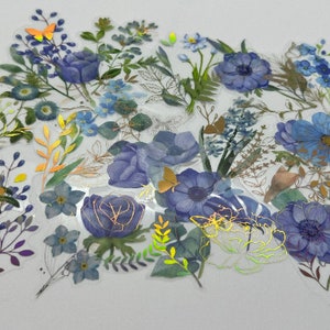 Adesivos de flores transparentes 20/40, azul-marinho escuro, azul-marinho, dourado escovado, metálico, flores silvestres, estéticas, florais, transparentes, adesivos para laptop